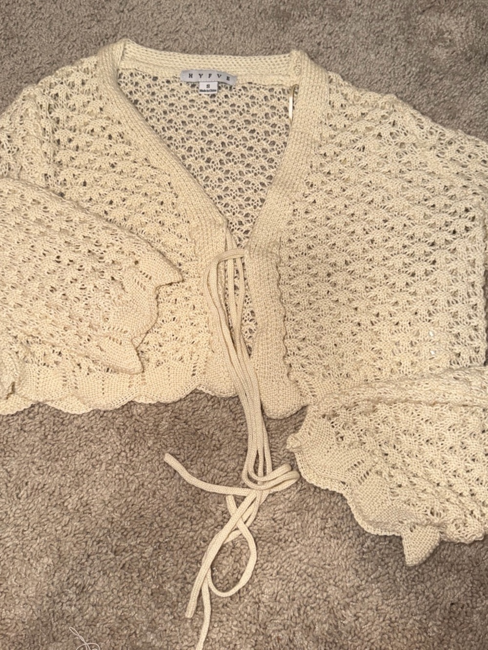 HYFVE Cream Crochet Tie-Front Shrug